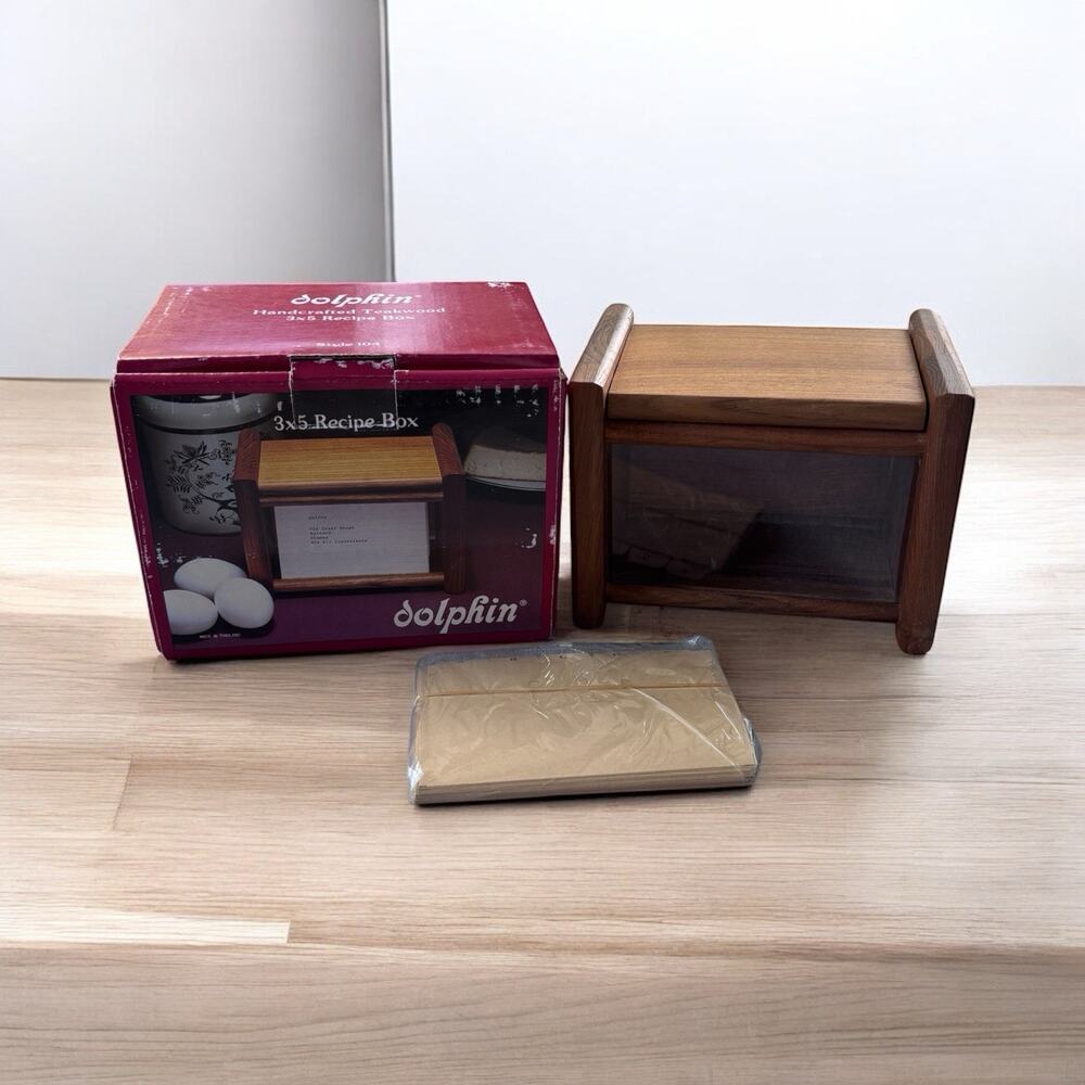 New Vintage Recipe Box Dolphin Teakwood Container Kitchen MCM Kitscy Cottage